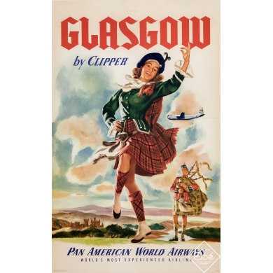Affiche ancienne de voyage - Circa 1950 - Glasgow by Clipper - Pan American - 102 par 63 cm