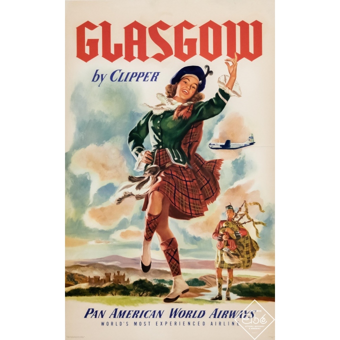Affiche ancienne de voyage - Circa 1950 - Glasgow by Clipper - Pan American - 102 par 63 cm
