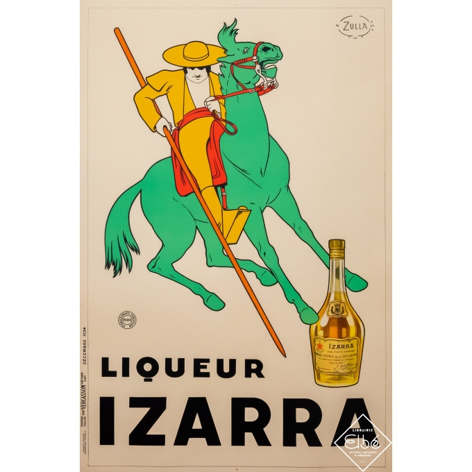 Vintage advertising poster by Zulla - 1934, Izarra - Liqueur. Linen backed, condition A+, size 46,5 by 31,1 inches