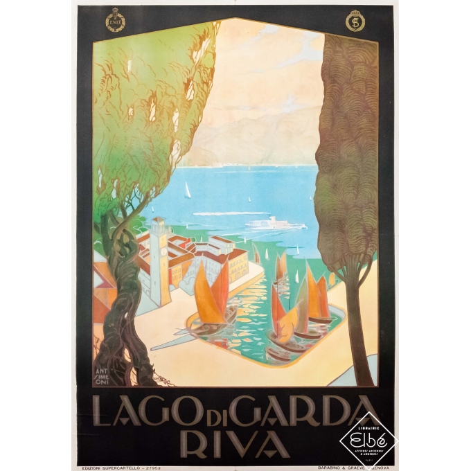 Affiche ancienne de voyage - Antoine Simeoni - Circa 1925 - Lago di Garda Riva - Lac de Garde - Italie - 100,5 par 70,5 cm