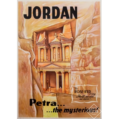 Affiche ancienne de voyage - Circa 1950 - Jordan - Petra la mysterieuse - 100 par 71 cm