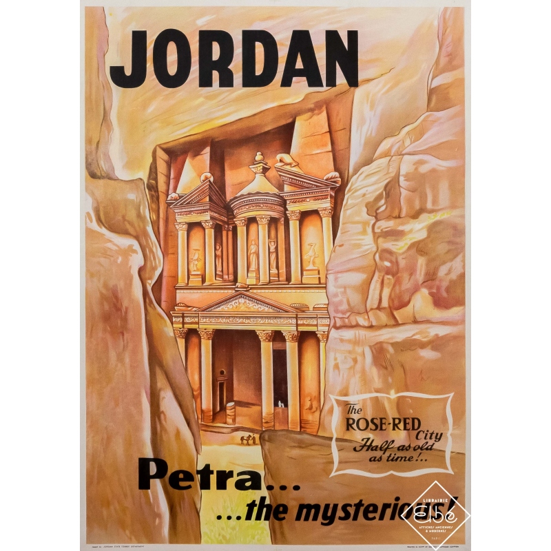 Affiche ancienne de voyage - Circa 1950 - Jordan - Petra la mysterieuse - 100 par 71 cm
