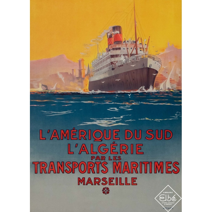 Affiche ancienne de voyage - Albert Sebille - Circa 1925 - L'Amérique du Sud - Transports Maritimes - 82,5 par 60,5 cm
