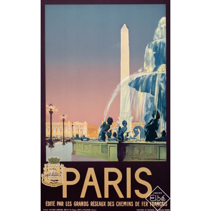 Affiche ancienne de voyage - Julien Lacaze - 1930 - Paris - réseaux des chemins de fer français - 100 par 62 cm