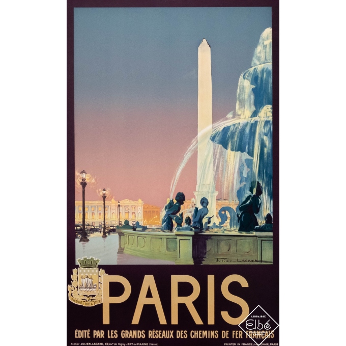 Vintage travel poster - Julien Lacaze - 1930 - Paris - réseaux des chemins de fer français - 39,4 by 24,4 inches