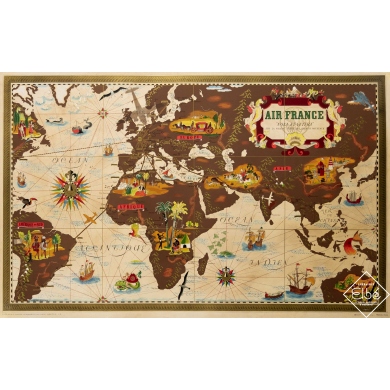 Affiche ancienne de voyage - Lucien Boucher - 1938 - Planisphère Air France Nova et Vetera - 63,5 par 99,5 cm