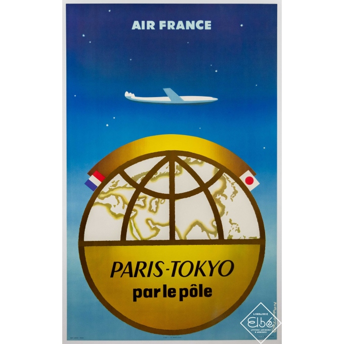 Affiche ancienne de voyage - Excoffon - 1958 - Air France - Paris Tokyo par le pôle - 100 par 63 cm