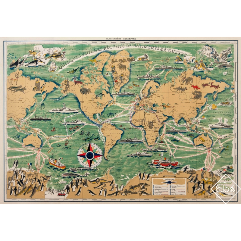 Vintage travel poster - Hervé Baille - Circa 1955 - Planisphère terrestre Marine Nationale - 29,3 by 41,5 inches