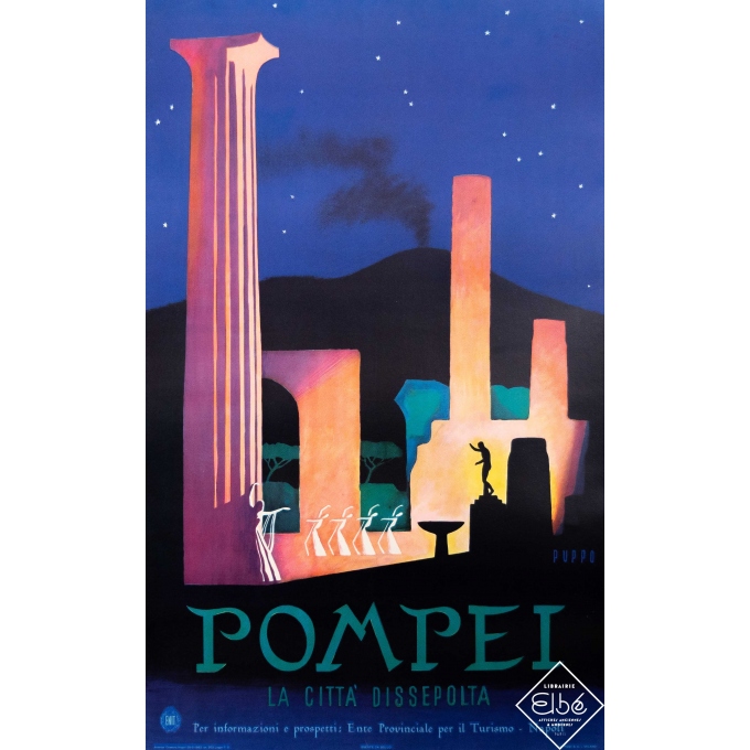 Affiche ancienne de voyage - Puppo - 1952 - Pompei - 99,5 par 62 cm
