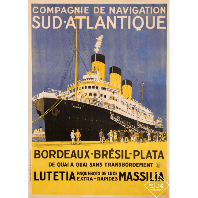 Affiche ancienne de voyage - Sandy Hook - 1925 - Compagnie de Navigation Sud Atlantique Bordeaux Brésil Plata - 103 par 74 cm