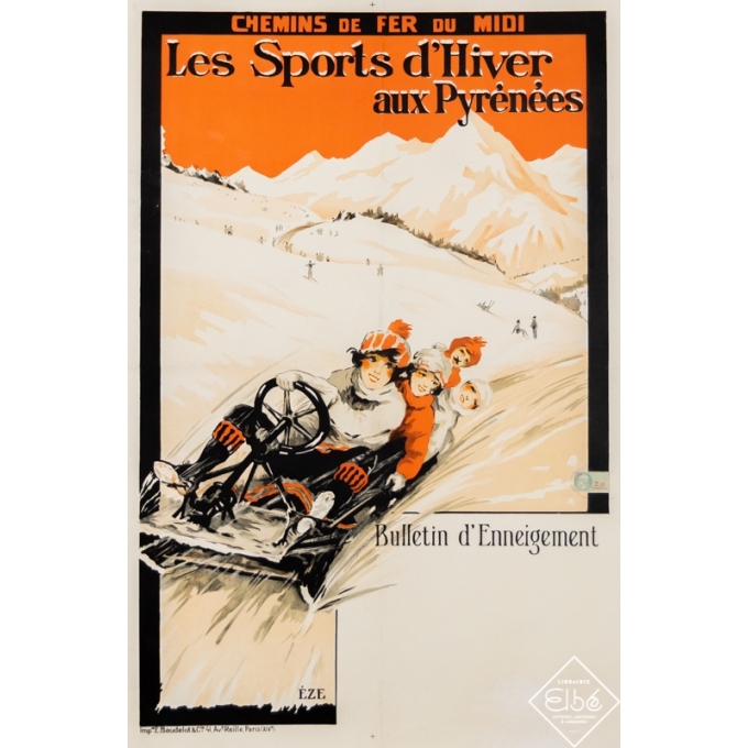 Affiche ancienne - Éze - Circa 1920 - Les Sports d'Hiver aux Pyrénées - Chemins de Fer du Midi - 76,5 par 52 cm