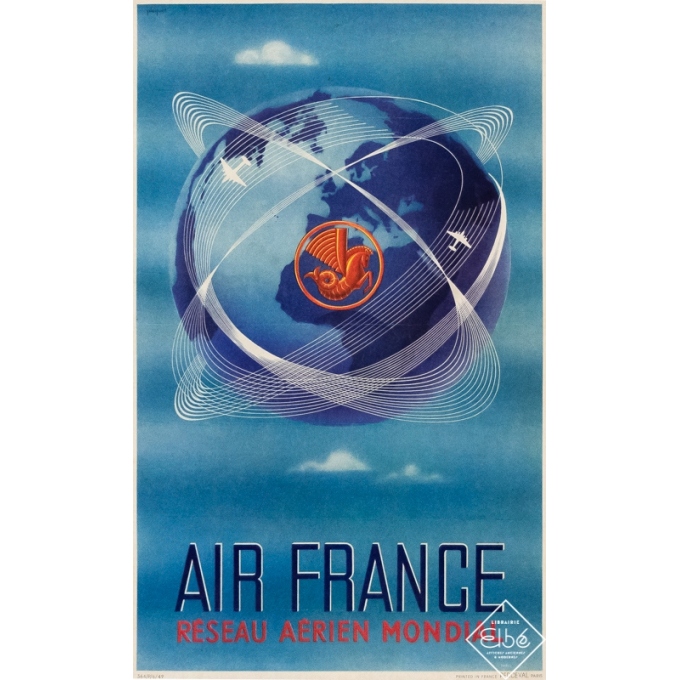 Affiche ancienne de voyage - Plaquet - 1949 - Air France - Réseau Aérien Mondial - 50 par 31 cm