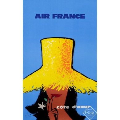 Affiche ancienne de voyage - Gruau - 1963 - Air France - Côte d'Azur - 100 par 62 cm