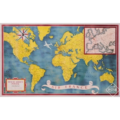 Affiche ancienne de publicité - 1948 - Air France - Réseau Aérien Postal - 100 par 62 cm