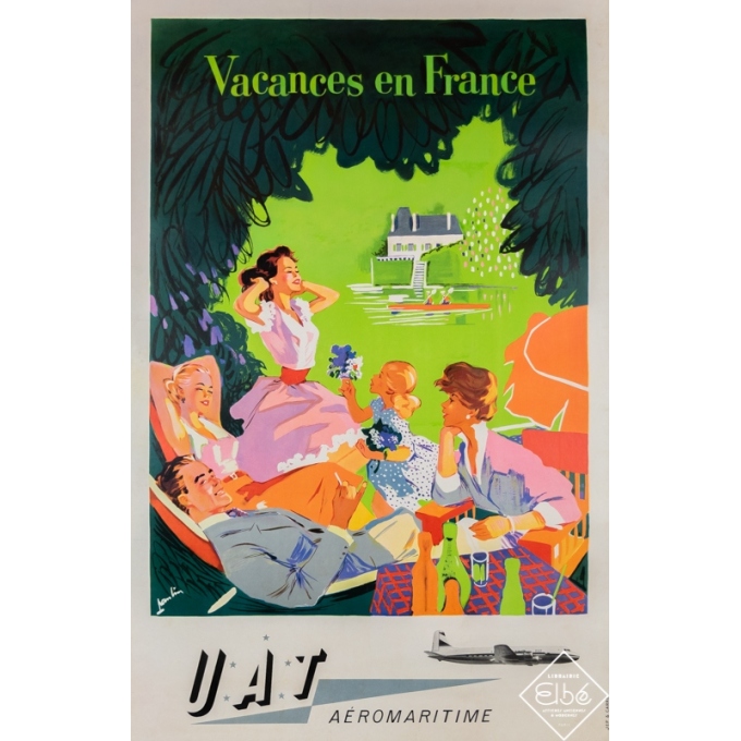Vintage travel poster - Paulin - Circa 1950 - Vacances en France - UAT Aéromaritime - 37,8 by 24,4 inches