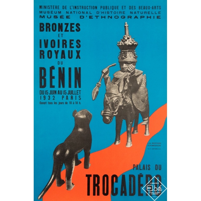 Affiche ancienne d'exposition - 1932 - Bronzes et Ivoires Royaux du Bénin - 60 par 40 cm