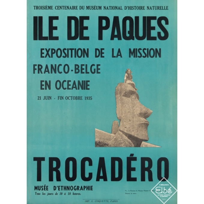 Affiche ancienne d'exposition - NC - 1935 - Ile de Paques - Exposition de la mission Franco-Belge en Océanie - 76 par 60 cm