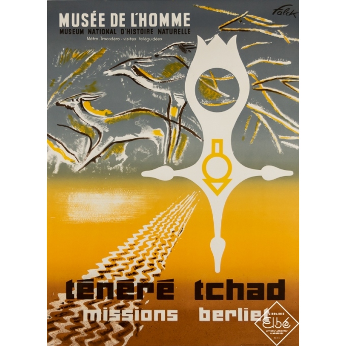 Affiche ancienne d'exposition - Falck - Circa 1950 - Musée de L'Homme - Ténéré Tchad - 77 par 57,5 cm