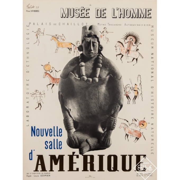 Affiche ancienne d'exposition - Falck - 1939 - Musée de l'Homme - Nouvelle Salle d'Amérique - 80 par 60 cm