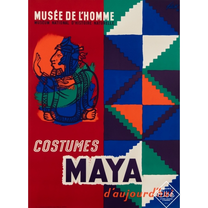Affiche ancienne d'exposition - Falck - 1961 - Musée de l'Homme - Costumes Maya d'aujourd'hui - 77 par 57 cm