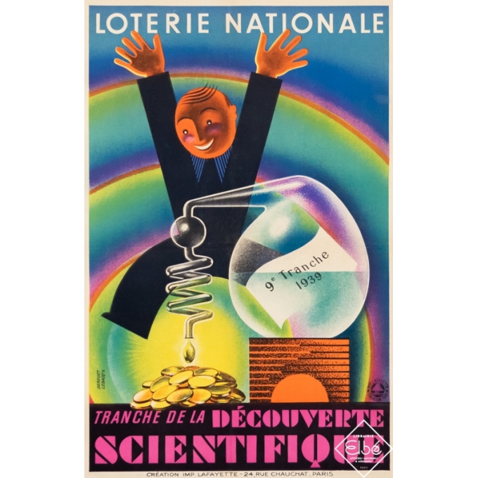 Affiche ancienne de publicité - Derouet Lesacq - 1939 - Loterie Nationale - Tranche de la Découverte Scientifique - 60 par 39 cm