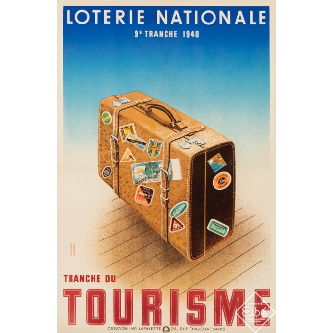 Affiche ancienne de publicité - Derouet Lesacq - 1940 - Loterie Nationale - Tranche du Tourisme 1940 - 60 par 39 cm