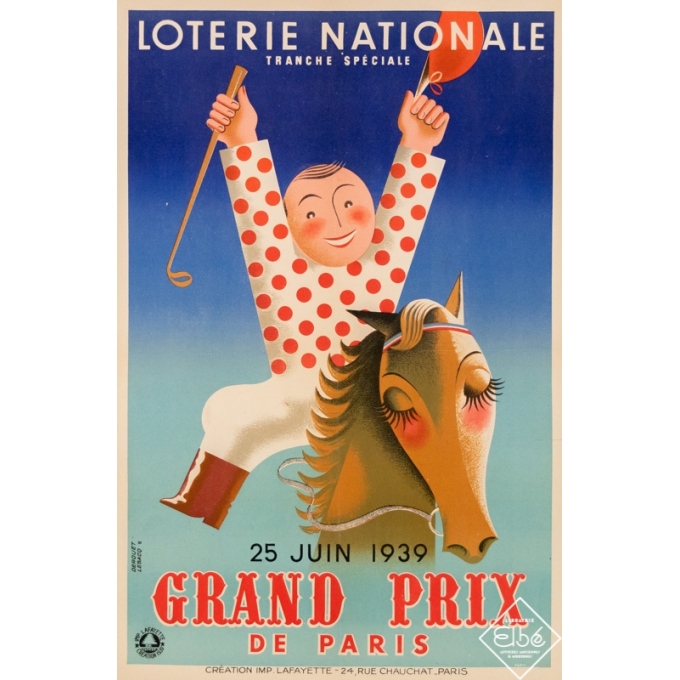 Affiche ancienne de publicité - Derouet Lesacq - 1939 - Loterie Nationale - Grand Prix de Paris - 60 par 40 cm