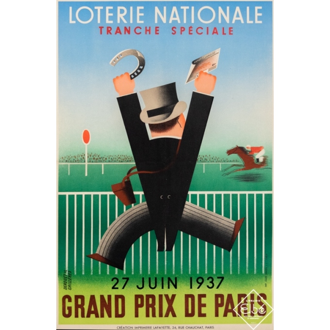 Affiche ancienne de publicité - Derouet Grilleres - 1937 - Loterie Nationale - Grand Prix de Paris 1937 - 60 par 39 cm