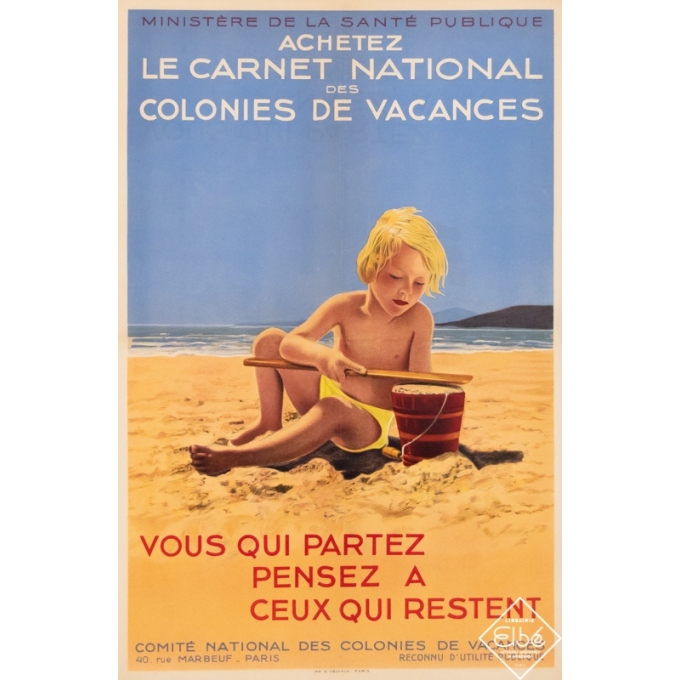 Affiche ancienne de publicité - 1939 - Achetez le Carnet National des Colonies de Vacances - 60 par 40 cm