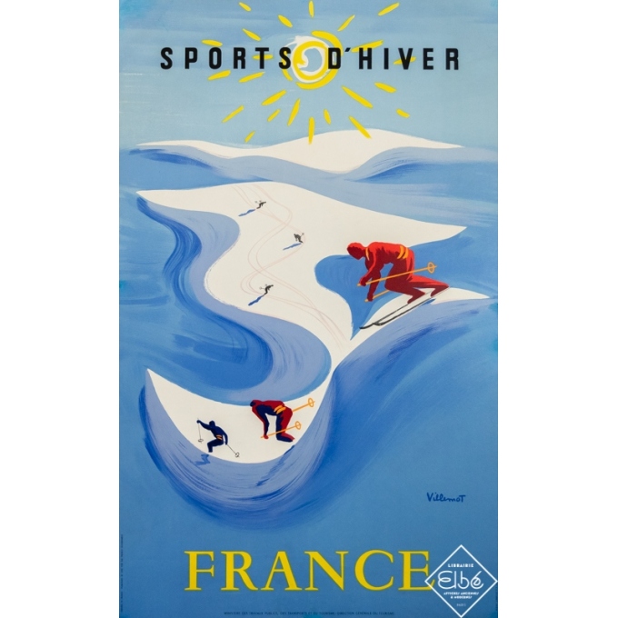 Affiche ancienne de voyage - Villemot - Circa 1955 - Sports d'hiver France  - 100 par 61 cm