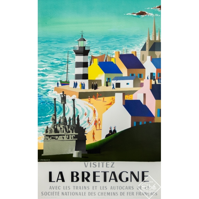 Affiche ancienne de voyage - J. Jacquelin - 1965 - Visitez la Bretagne - SNCF - 100,5 par 63 cm
