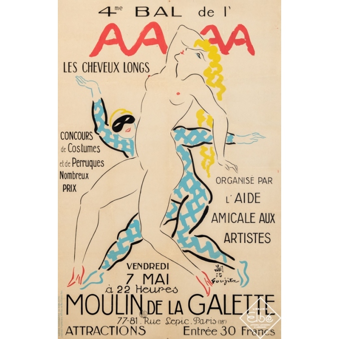 Affiche ancienne Foujita - 1926 - Quatrième Bal de l'aide amicale aux artistes-Moulin de la galette - 121 par 81 cm