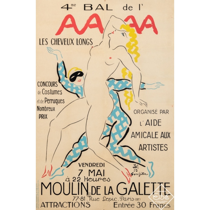 Vintage poster - Foujita - 1926 - Quatrième Bal de l'aide amicale aux artistes - Moulin de la galette - 47,6 by 31,9 inches