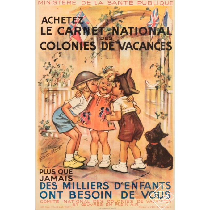Affiche ancienne de publicité - d'Après Germaine Bouret - 1940 -  Le Carnet National des Colonies de Vacances - 60 par 39,5 cm