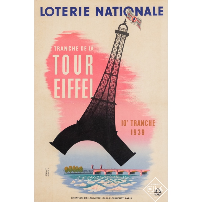 Affiche ancienne de publicité - Derouet Lesacq - 1939 - Loterie Nationale - Tour Eiffel  - 60 par 40 cm