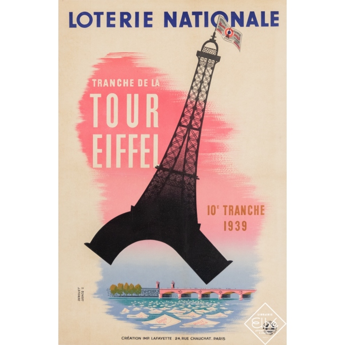 Vintage advertising poster - Derouet Lesacq - 1939 - Loterie Nationale - Tour Eiffel  - 23,6 by 15,8 inches