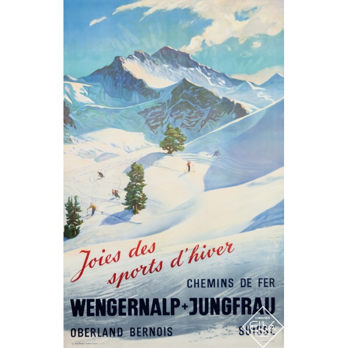 Affiche ancienne de voyage - Circa 1950 - Joies des Sports d'Hiver - Wengernalp - Jungfrau - 102 par 64 cm