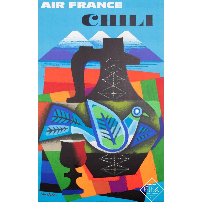 Affiche ancienne de voyage - Nathan - 1962 - Air France - Chili - 99,5 par 62 cm