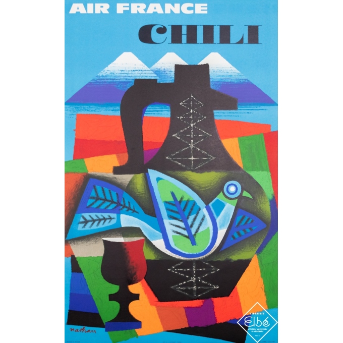 Affiche ancienne de voyage - Nathan - 1962 - Air France - Chili - 99,5 par 62 cm