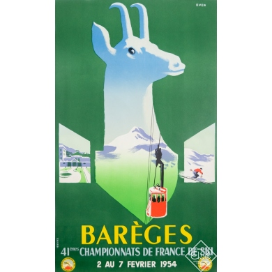 Affiche ancienne de voyage - Jean Even - 1954 - Barèges - 41èmes Championnats de France de Ski - 100 par 62 cm