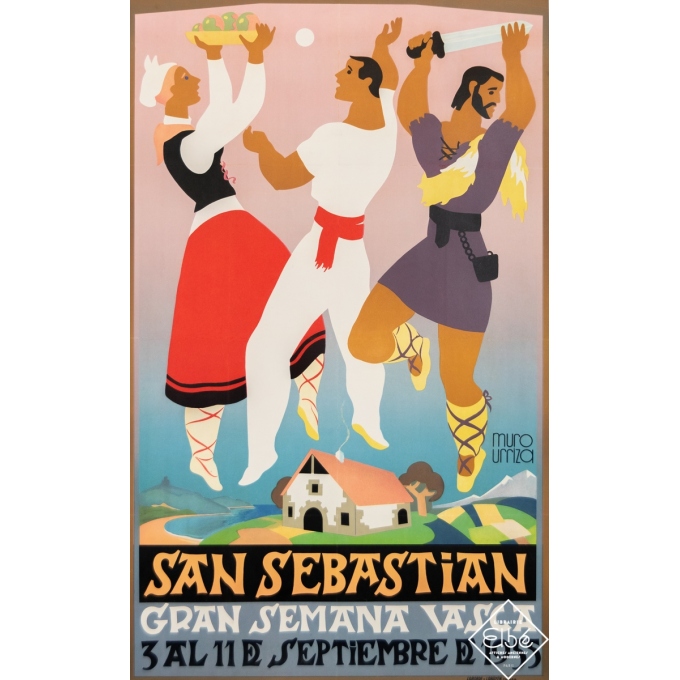 Affiche ancienne de voyage - Muro Urriza - 1955 - San Sebastian - 99,5 par 60 cm