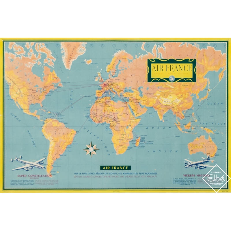 Vintage travel poster - 1956 - Planisphere Air France - Réseau Aerien Mondial - 20,5 by 28,5 inches