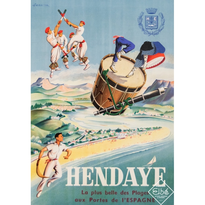 Affiche ancienne de voyage - Azcune - Circa 1950 - Hendaye - 62,5 par 43,5 cm