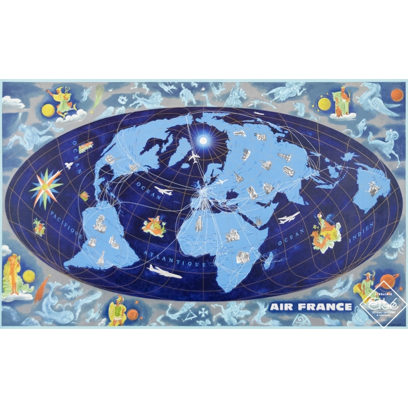 Vintage travel poster - Lucien Boucher - 1962 - Planisphere Air France - Mappemonde - 27,4 by 40,9 inches