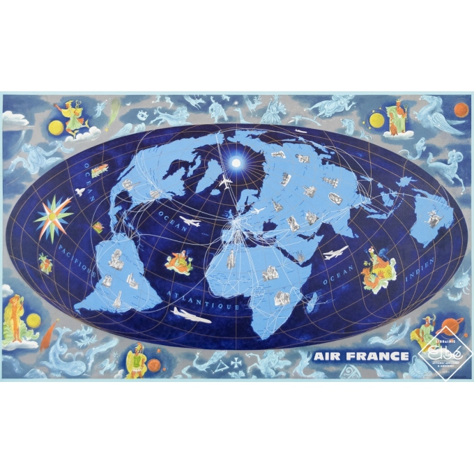 Affiche ancienne de voyage - Lucien Boucher - 1962 - Planisphère Air France - Mappemonde - 69,5 par 104 cm