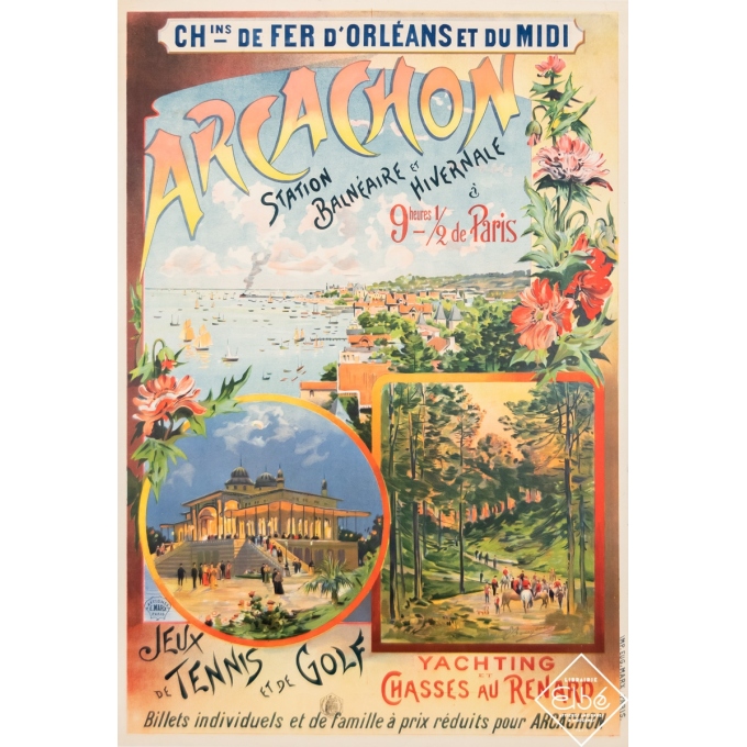Affiche ancienne de voyage - E. Bourgeois - 1900 - Arcachon - Chemins de Fer d'Orléans et du Midi - 99 par 69 cm