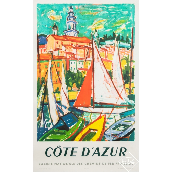 Affiche ancienne de voyage - O. Linoux - 1951 - Côte d'Azur - SNCF - 99 par 61 cm