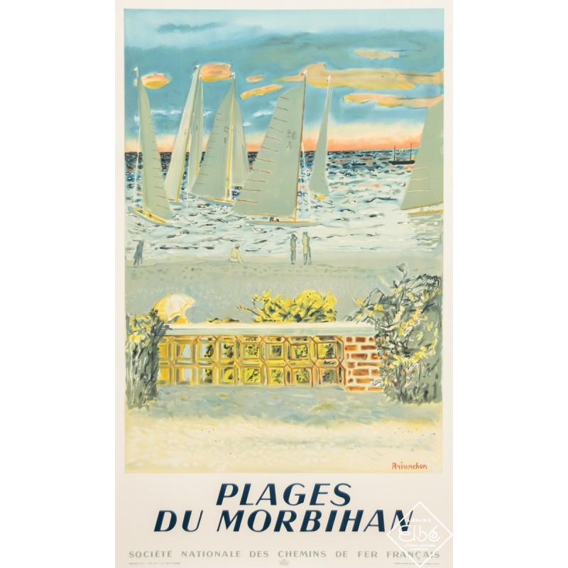 Affiche ancienne de voyage - Brianchon - 1950 - Plages du Morbihan - SNCF - 100,5 par 61,5 cm