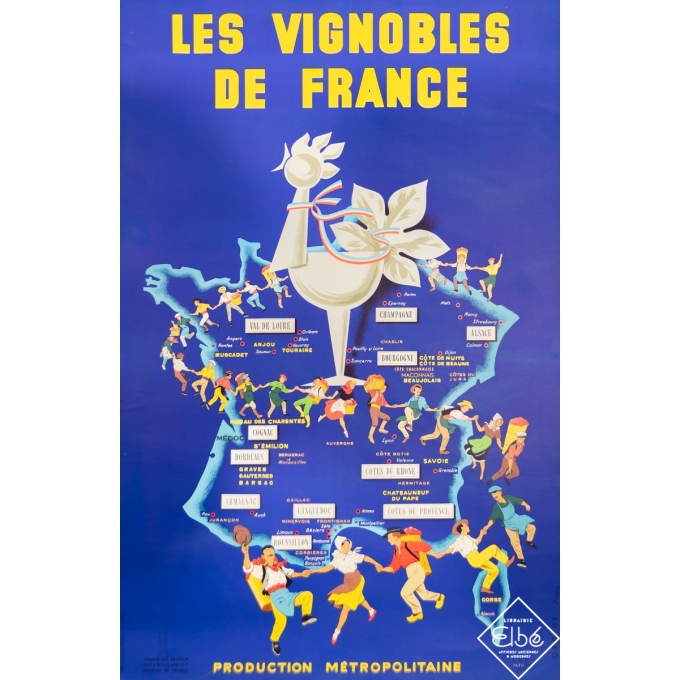 Affiche ancienne de publicité - Jihel - 1961 - Les Vignobles de France - Production Métropolitaine - 96 par 62,5 cm
