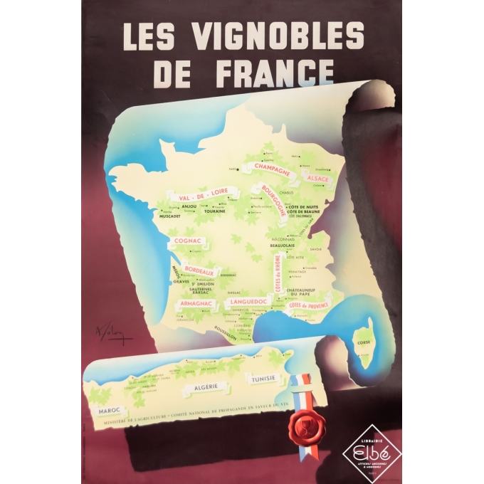 Affiche ancienne de publicité - Solon - Circa 1950 - Les Vignobles de France - 95 par 63 cm